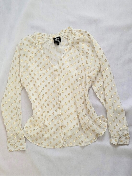 Babeau Tops - NWOT! Polka Dot Fall Top Gold Foil Pearl Embellished Women's Sheer Blouse Small